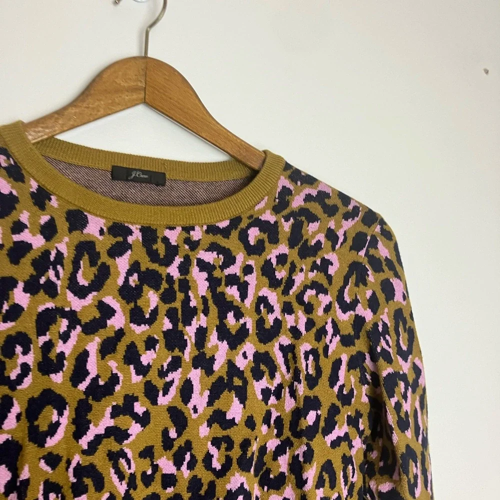 J. Crew Leopard Print Crewneck Sweater in Mod Leopard Bronzed Moss Pink Wool